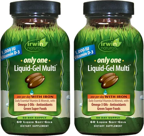 Vista 9 de Irwin Naturals Only One Liquid Gel Multi con Hierro Vitaminas esenciales diarias, minerales, antioxidantes, Omega-3 y Super Alimentos Verdes - 60
