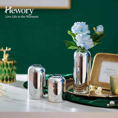 Vista 3 de Hewory - Jarrones de cristal para centros de mesa, color plateado, 12 piezas de jarrones cilíndricos de vidrio soplados modernos, mini jarrón