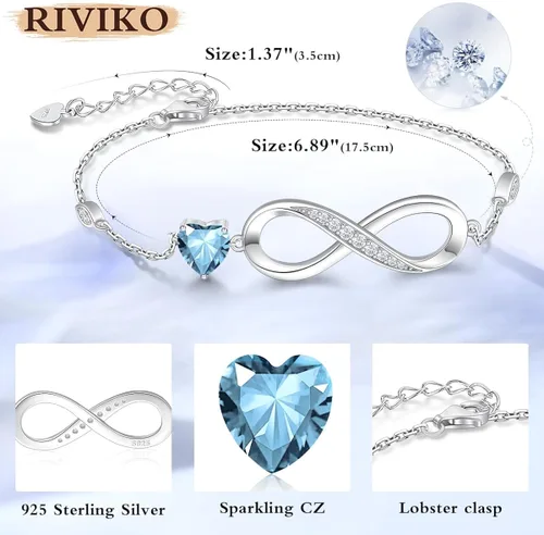 Vista 4 de RIVIKO Pulsera de plata de ley 925 con símbolo de corazón de amor infinito ajustable para cumpleaños, Navidad, regalo para mamá, mujer, esposa