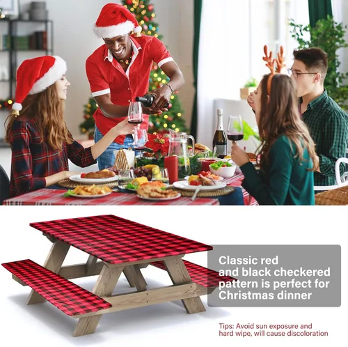 Vista 5 de BBTO Mantel de vinilo para mesa de picnic con fundas de banco, 72 x 30 pulgadas, impermeable, elástico ajustable para mesas rectangulares de 6 pies