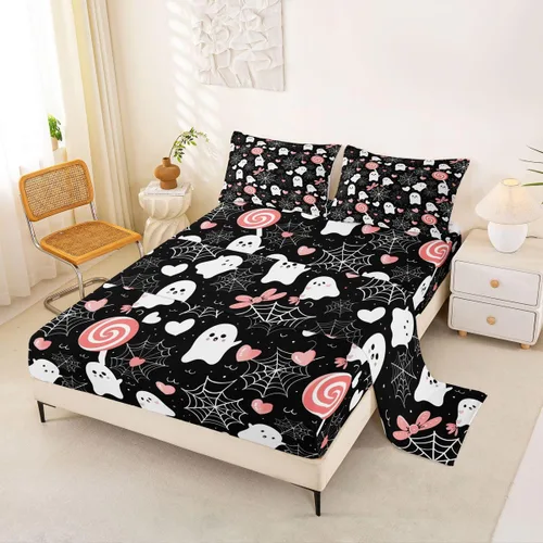 Vista 37 de Feelyou Cat Bed Sheets Set Twin Size Halloween Themed Bed Set Trick or Treat Deep Pocket Fitted Sheet Scaredy Cat Breathable Soft Lightweight