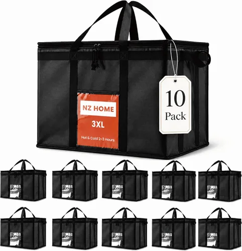 Vista 34 de Bolsa térmica XXL aislada y calentador de alimentos para entrega y compras de comestibles con parte superior con cremallera, color negro