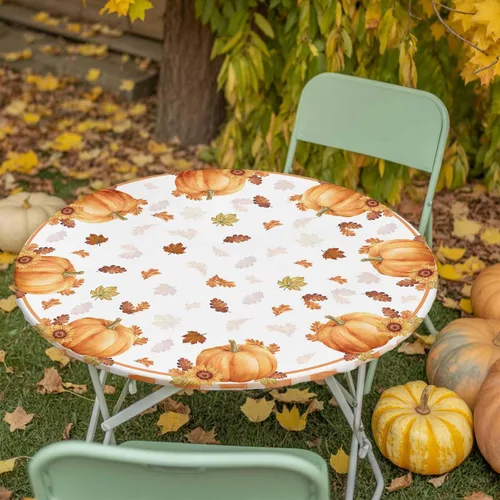 Vista 45 de Mantel ajustado para mesa redonda, mantel de otoño con hojas de otoño y calabaza de Acción de Gracias con borde elástico, mantel impermeable de Beige