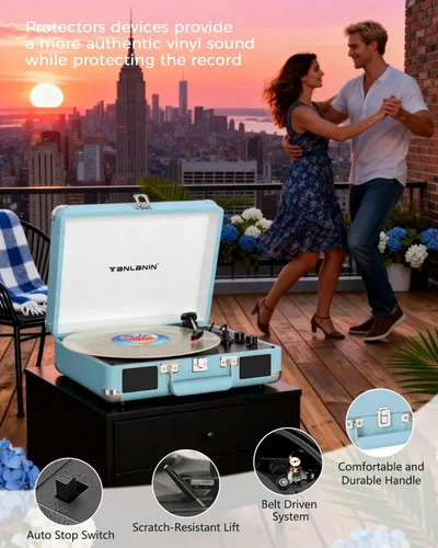 Vista 3 de Tocadiscos de maleta Bluetooth con altavoces integrados, control de graves y agudos, tocadiscos de transmisión por correa de 3 velocidades