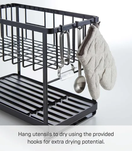 Vista 6 de YAMAZAKI Home Tower - Escurridor de platos ajustable de dos niveles, estante de secado compacto con ganchos, soporte para utensilios, acero