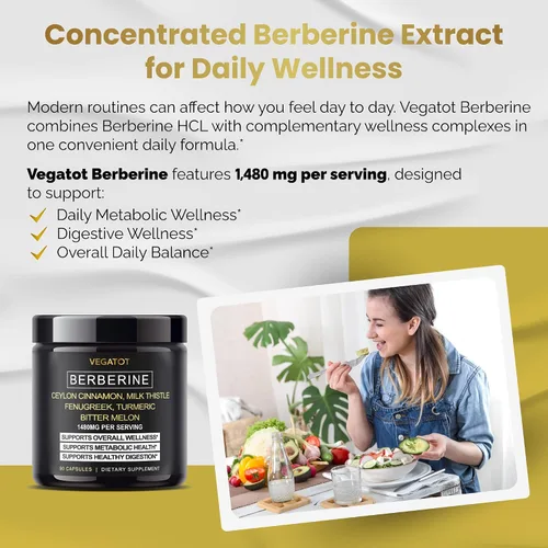 Vista 2 de VEGATOT Berberina 1480 mg Total 13 en 1 con Canela de Ceilán, 90 Cápsulas