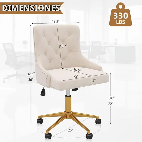 Vista 3 de Silla de escritorio de terciopelo, silla giratoria ajustable tapizada para Beige