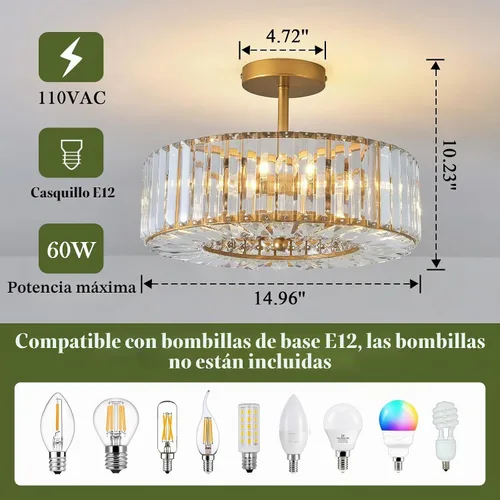 Vista 2 de Piepooye 4 Luces Moderna Lámpara de Araña de Cristal Dorado Redondo Montaje Semiempotrado en el Techo Lámpara de Granja para Comedor Sala de Estar