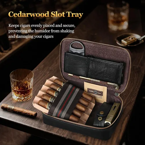 Vista 5 de Humidor de puros, humidor de puros de viaje de cuero, estuche portátil para puros con potenciador de tiro de puros y cortador de puros multifunción