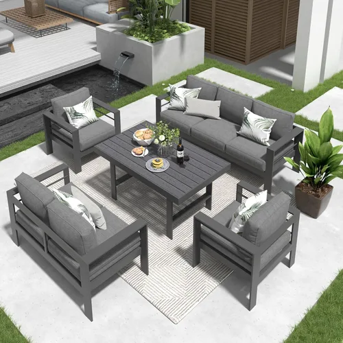 Vista 9 de Solaste Juego de muebles de aluminio para exteriores, juego de conversación de sofá seccional de 4 piezas con mesa de centro de vidrio templado