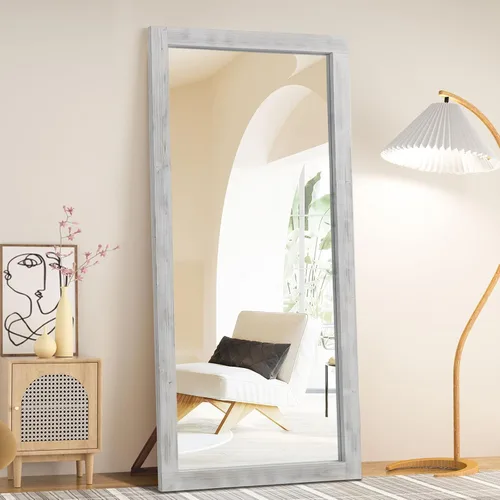 Vista 8 de Espejo de longitud completa de granja rústica, 64"x21" con marco de madera para piso, espejo independiente apoyado contra la pared para dormitorio