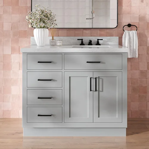 Vista 24 de DKB Bradford - Mueble de baño individual negro de 42 pulgadas con fregadero rectangular, encimera de mármol italiano de carrara con borde de 1.5