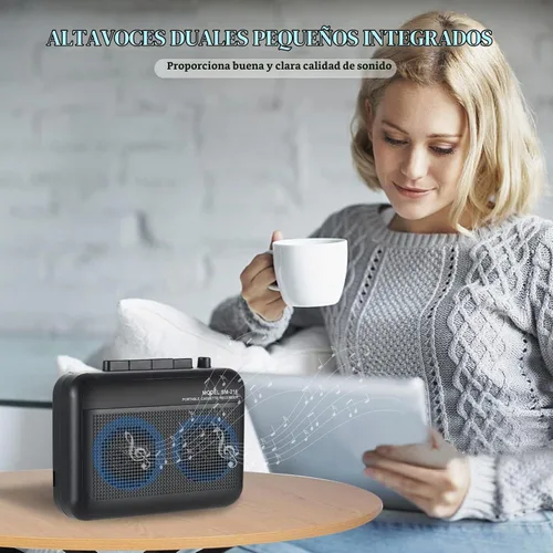 Vista 4 de Grabadora de casete con transmisor Bluetooth, reproductor de cinta de casete pequeño con conector para auriculares, altavoz integrado, conector