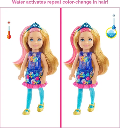 Vista 4 de Muñeca Barbie Color Reveal con 6 sorpresas: 4 bolsas con falda o pantalón zapatos tiara y globo el agua revela el aspecto de la muñeca