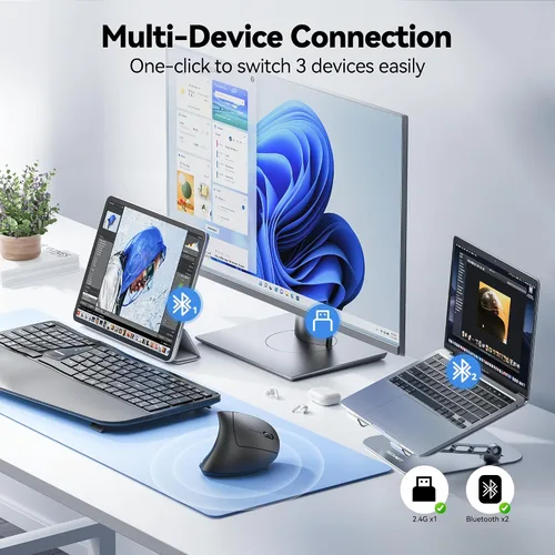 Vista 2 de TECKNET Ratón Ergonómico, Ratones Verticales Recargables 2.4G+Bluetooth 6 DPI Ajustables, Ratón Óptico Inalámbrico para Túnel Carpiano Mano Derecha
