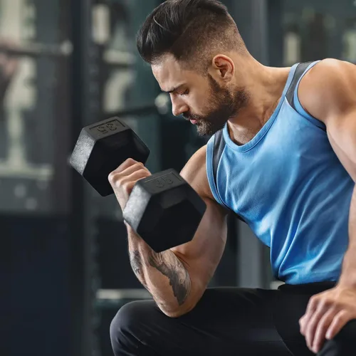 Vista 7 de LIONSCOOL - Mancuernas hexagonales de goma con mango de metal para entrenamiento de fuerza y resistencia, desarrollo de musculatura y entrenamiento