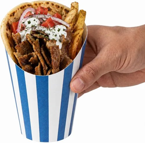 Vista 6 de Restaurantware Bio Tek - Recipientes de papas fritas de 12 onzas, 100 tazas desechables de charcutería, diseño inclinado, redondo, a rayas, de Azul