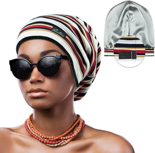 Vista 32 de Gorro de dormir ajustable con forro de satén para rastas de cabello rizado, cabeza grande, permanece puesta durante la noche
