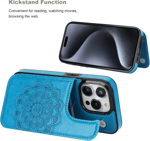 Vista 5 de Vaburs Funda compatible con iPhone 15 Pro con tarjetero y diseño de mandala en relieve, de piel sintética, doble botones, a prueba de golpes