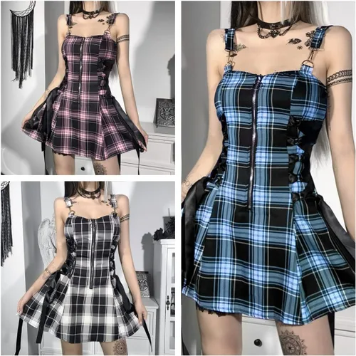 Vista 2 de Mini vestido gótico a cuadros de hada grunge punk de cintura alta vestidos de una línea