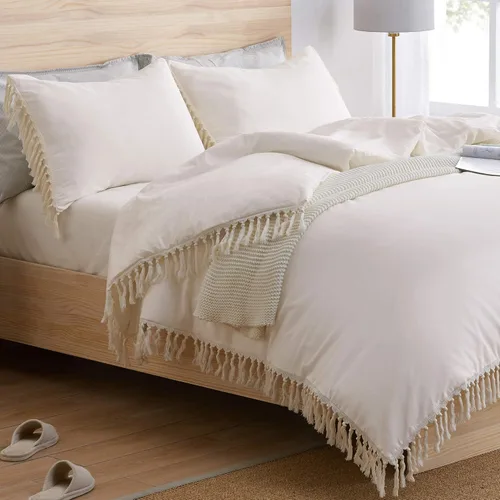 Vista 8 de Juego de ropa de cama de 2 piezas con borlas copetudas de macramé blanco y rosa bohemio, bohemio, elegante, tamaño individual/individual XL, funda