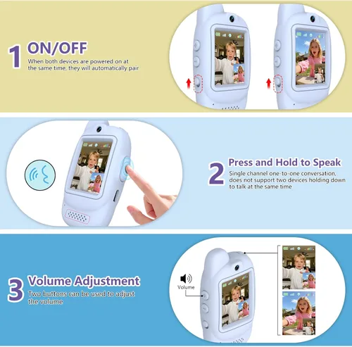 Vista 3 de Walkie Talkies de video para niños, paquete de 2 walkie talkies de video recargables, cámara HD, cambiador de voz, para diversión familiar, Azul