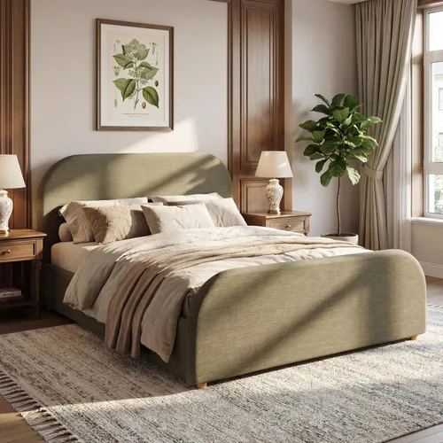 Vista 9 de Merax Marco de cama tamaño Queen, cama de plataforma tapizada de lino con cabecero y estribo de 44 pulgadas de alto, base de madera maciza, diseño