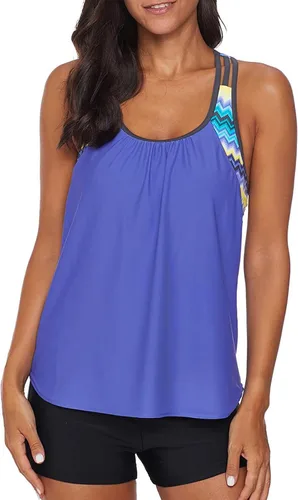 Vista 3 de Aleumdr Womens Blouson Striped Printed Push up Strappy T-Back Tankini Top with Shorts