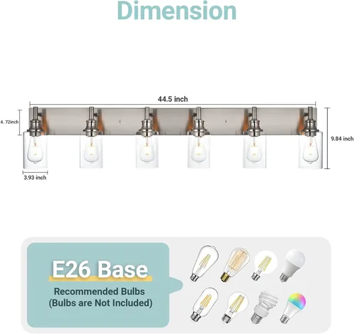 Vista 5 de 6 luces de tocador de baño, níquel cepillado, accesorios de iluminación de baño sobre espejo con vidrio transparente, aplique de pared industrial