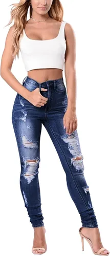 Vista 8 de KUNMI - Pantalones de mezclilla clásicos de cintura alta para mujer, elásticos, con efecto de levantamiento de glúteos, ajustados