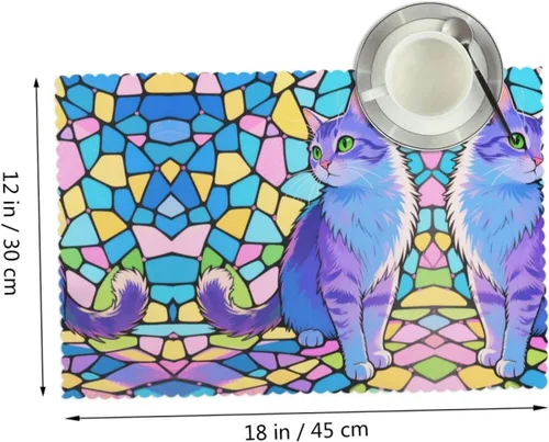 Vista 2 de Rectangular Placemats Set of 4, Heat Resistant Cat Printed Kitchen Dining Table Mats