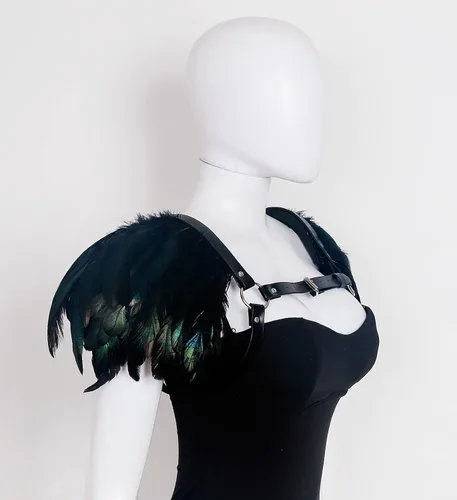Vista 7 de L'VOW Correa de hombro para mujer gótica de plumas naturales para disfraz de carnaval de Halloween