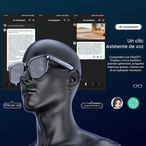 Vista 5 de Lentes inteligentes AI con cámara 4K, gafas de sol de grabación de video Bluetooth, traductor en tiempo real para más de 100 idiomas, asistente