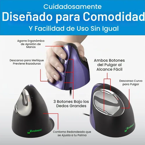 Vista 4 de Evoluent – Inventor del ratón vertical – VM4S Ratón vertical ergonómico mano derecha Pequeño USB con cable, esculpido para mayor comodidad, reduce