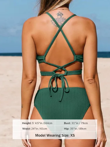 Vista 2 de CUPSHE Conjunto de bikini para mujer, traje de baño de dos piezas, parte superior triangular, tiro medio, entrecruzado en la espalda, tirantes