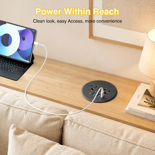 Vista 4 de Ojal de alimentación de escritorio USB-C PD 65W, 2 tomacorrientes 4 puertos Negro USB-C 65W