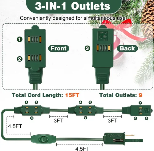 Vista 2 de Enhon 1 Pieza Cable de Extensión Verde de 15 Pies con 9 Tomacorrientes e Interruptor de Encendido/Apagado, Cable de Extensión de Luz para Árbol