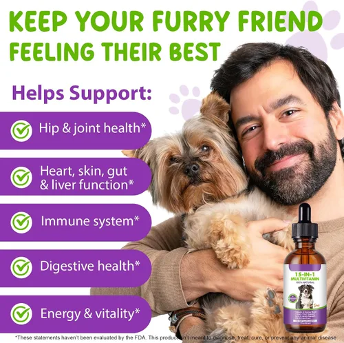 Vista 4 de Gotas multivitamínicas para perros, líquido multivitamínico 15 en 1 para perros con vitamina C-20 Mg, vitamina D-100 Iu y B1-3, suplementos de salud