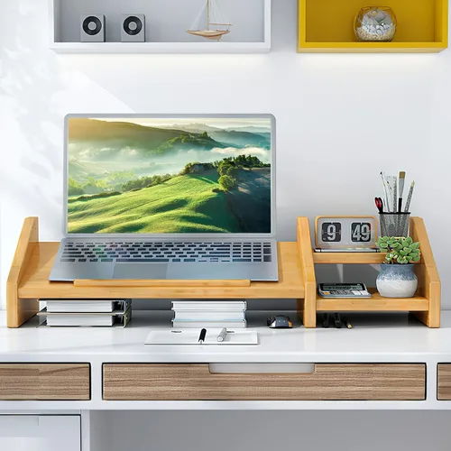 Vista 2 de Ufine Soporte de Bambú para Laptop de Escritorio con 3 Alturas Ajustables, Soporte para Notebook, Elevador de Monitor de Computadora con Estante