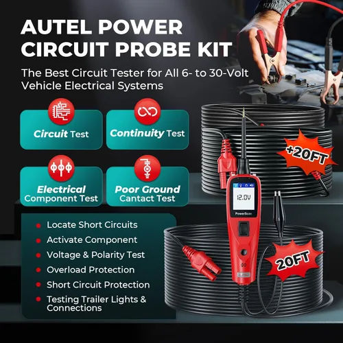 Vista 2 de Autel Probador de circuitos 2026, probador de circuitos automotrices PowerScan PS100, buscador de circuitos eléctrico corto abierto de 12-24V