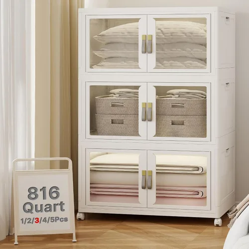 Vista 23 de Contenedor de almacenamiento apilable de 48 cuartos de galón con tapa, ruedas y puerta, organizador plegable de 12 galones para dormitorio, estudio