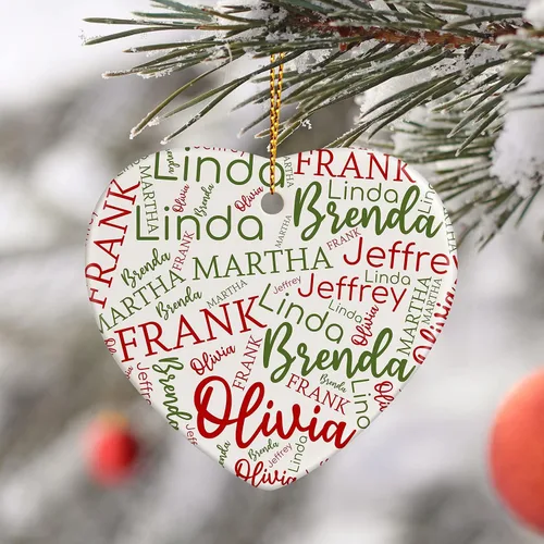 Vista 5 de Adornos de Navidad personalizados de corazón, adorno de cerámica con palabra de nube de nombre, 3 pulgadas, decoraciones personalizadas para árbol