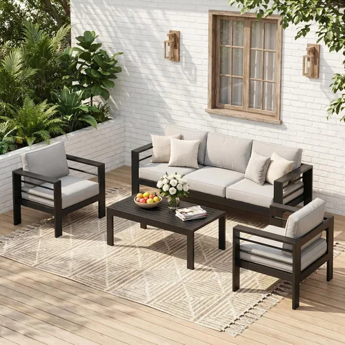 Vista 17 de Solaste Sofá de aluminio para patio con mesa auxiliar, juego de 3 muebles de patio con cojines, sofá de exterior para todo tipo de clima