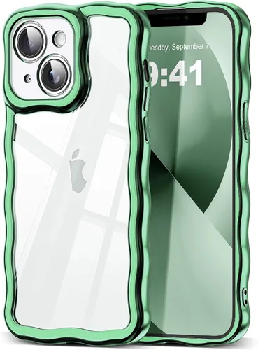 Vista 105 de SKYLMW Funda compatible con iPhone 12 Pro, diseño de ondas rizadas kawaii, borde chapado de lujo, elegante parte trasera transparente brillante, TPU