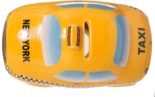 Vista 3 de Hucha de cerámica para taxi de la ciudad de Nueva York, con licencia oficial, diseño amarillo y a cuadros, 6 pulgadas de largo x 3.5 pulgadas