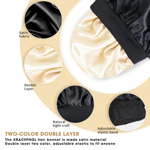 Vista 3 de Gorro de seda para dormir, gorro de satén de doble capa, ajustable, para mujeres negras, gorro de dormir reversible para sombreros de cabello rizado