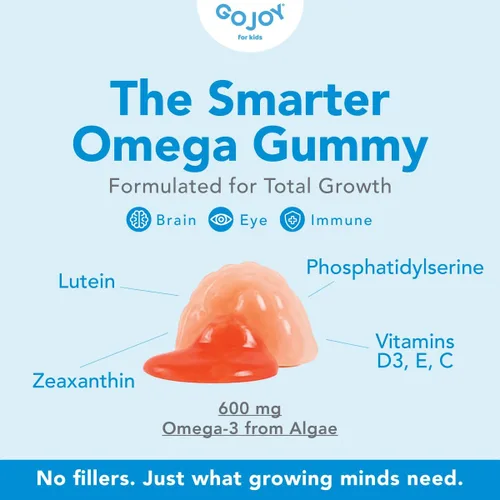 Vista 4 de GOJOY Kids Gomitas de Omega 3 DHA – Sin eructos de pescado, sin azúcar – Apoyo al cerebro, ojos y sistema inmunológico – Omega-3 de origen vegetal