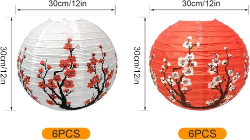 Vista 2 de 12 faroles chinos, faroles de papel de flor de ciruelo de 12 pulgadas, para fiestas, asia, hogar, restaurante, decoración de boda (blanco y rojo)