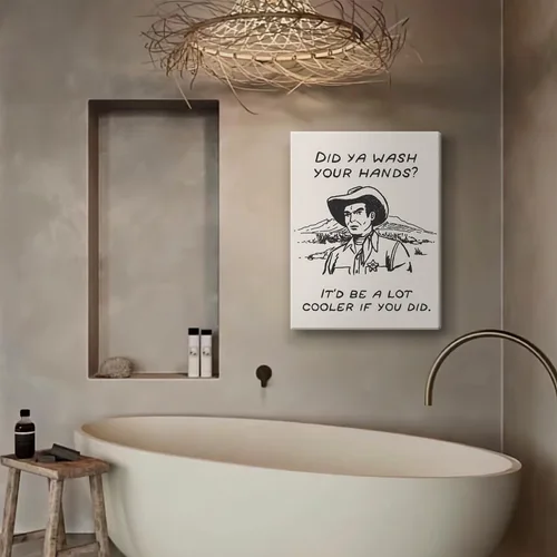 Vista 3 de Cuadros enmarcados de vaquero retro en blanco y negro para la pared de la cocina ¿Lavaste tus manos? Impresiones en lienzo, imágenes divertidas