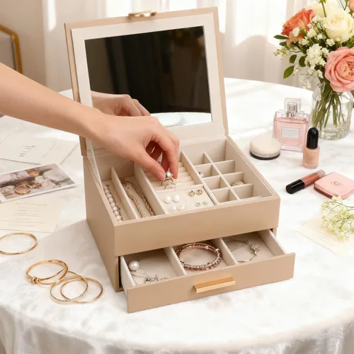 Vista 7 de Elegant Gift Jewelry Box with Mirror - 3-Layer Organizer for Earrings, Rings, Necklaces, Ready to Give for Birthday Anniversary Christmas Apricot